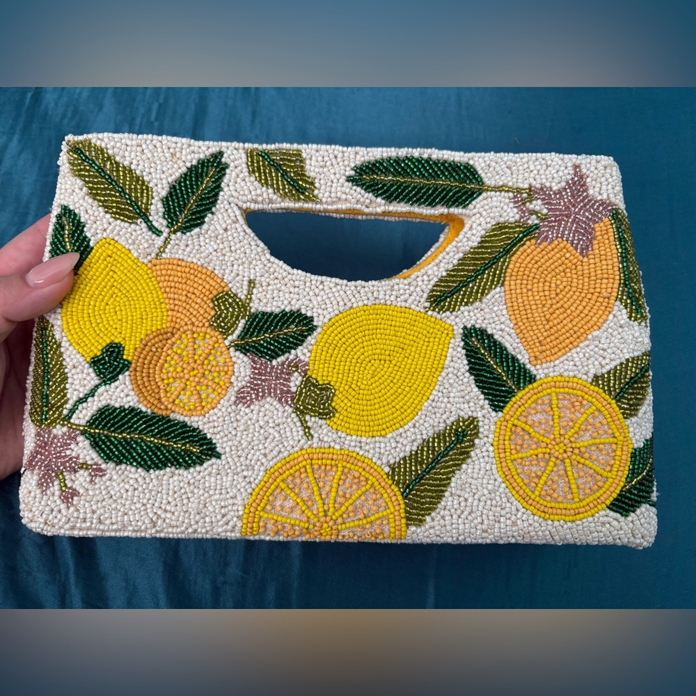Beaded Lemon Motif Handheld Clutch - Yellow/Green - Picture 9 of 10